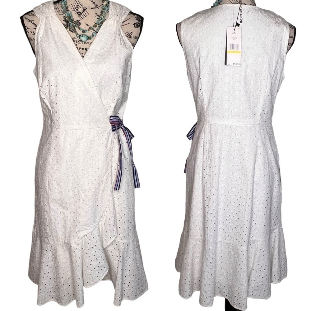 Tommy Hilfiger White Eyelet Lace Sleeveless V Neck Wrap Dress Pockets Size M NWT